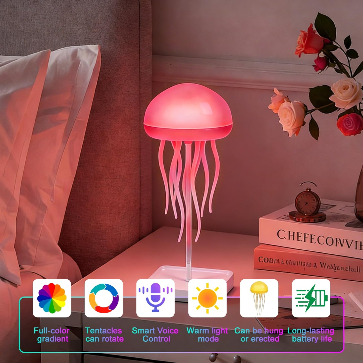 Jellyfish Lamp, Jellyfish Night Light with Touch Sensor, RGB Jellyfish Table Lamp, Rechargeable Jellyfish Bedside Lamp with Voice Control, Cute Desk Lamp for Bedrooms, Living Room (Hanging + Base)