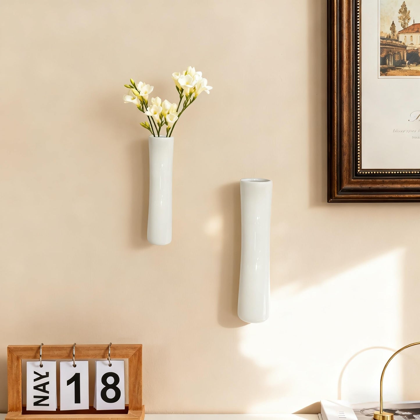 DOCFLVAS Scandinavian Curve Wall Vase — 2 Pack Warm White Ceramic Hanging Vase | Soft-Curve Minimalist Wall Decor for Living Room & Bathroom