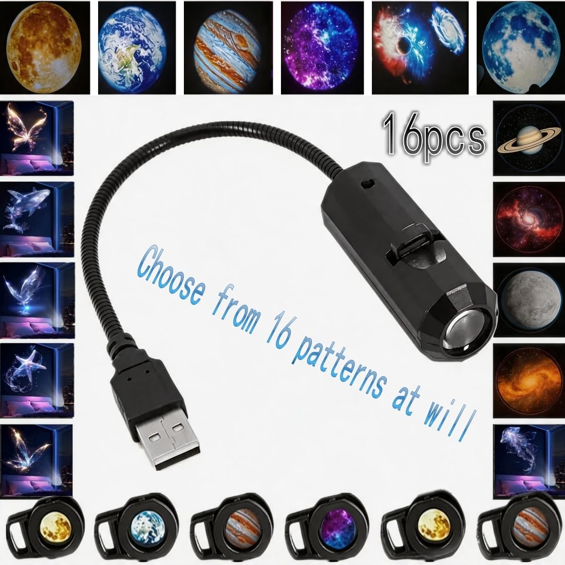 16-in-1 Galaxy Projector Star Night Light for Bedroom - LED Space Projector with 10 Planets & 6 Butterfly Ocean Slides, USB Portable Starry Sky Night Light Projector for Bedroom(16Slides) (Black)