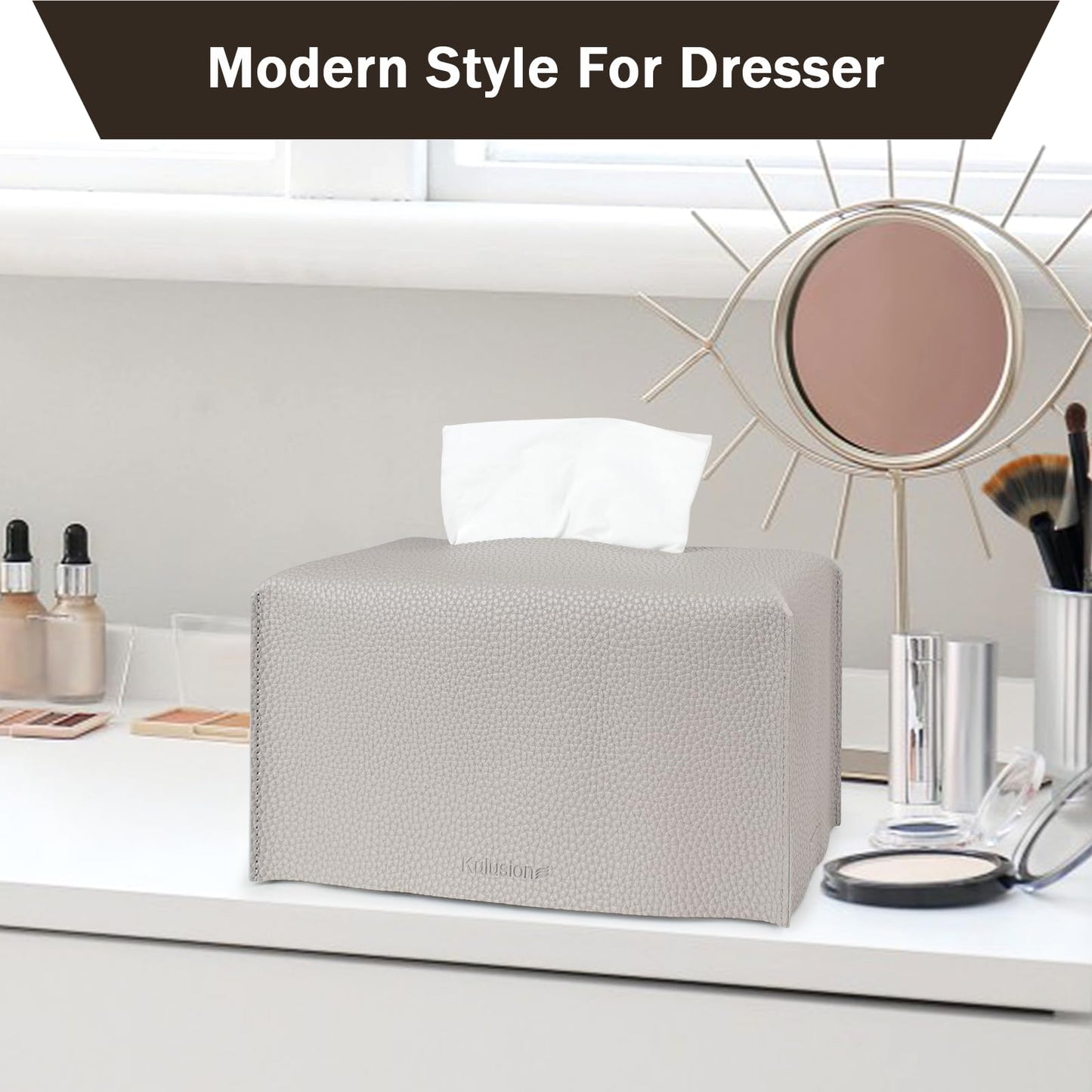 2 Pcs Rectangular Tissue Box Cover, PU Leather Tissue Holder Facial Tissue Case Dispenser for Bathroom, Vanity Countertop, Tabletop, Car, Office,9.5X5X5 Inch - Light Gray