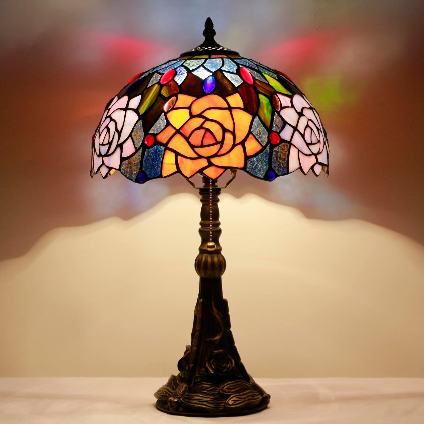 ANYONGLU Tiffany Lamp Stained Glass Table Lamp 12X12X19 Inch Resin Base for Desk Bedroom Living Room Reading Light(Purple Orange Rose Flower)