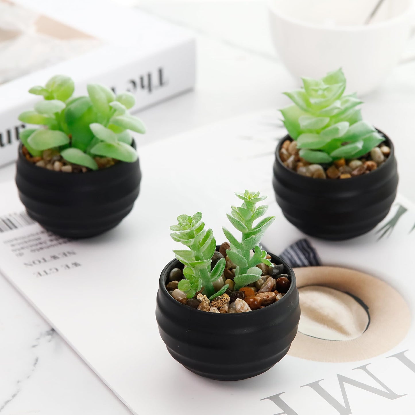 Der Rose Bundle of Set of 6 Succulents Plants Artificial in Pots and 6ps Succulents Fake Plants for Bedroom Living Room Office Shelf Black Bathroom Decor