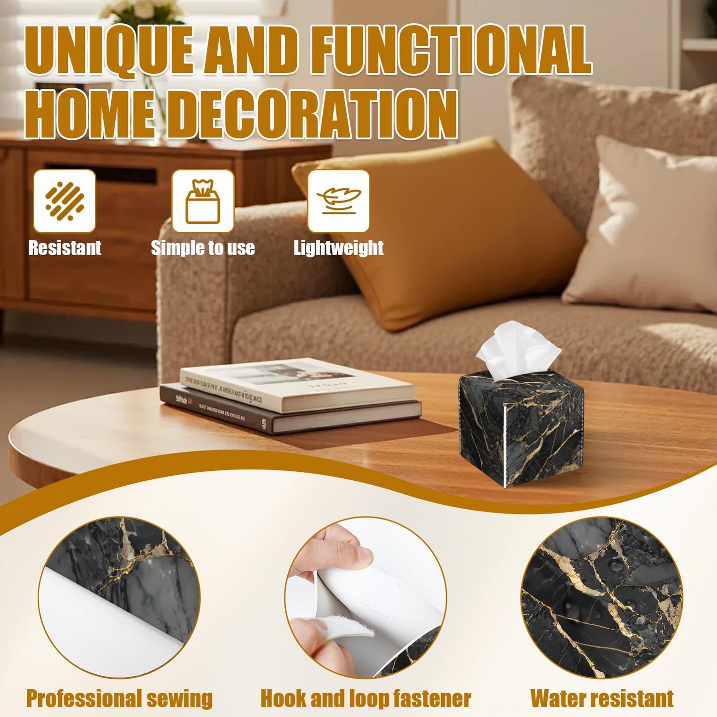 Black Gold Marble Tissue Box Cover 2PCS, Leather Tissue Box Holder Square Facial Paper Case Tissue Box Cube Organizer for Bathroom Bedroom Desk Office