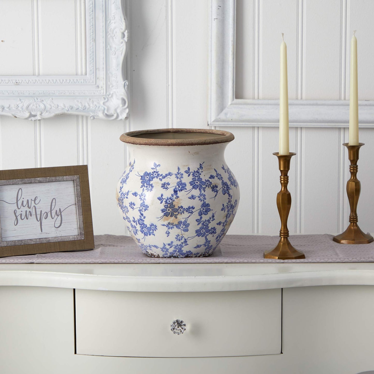 Nearly Natural 10.5in. Tuscan Ceramic Blue Scroll Urn Vase, Green