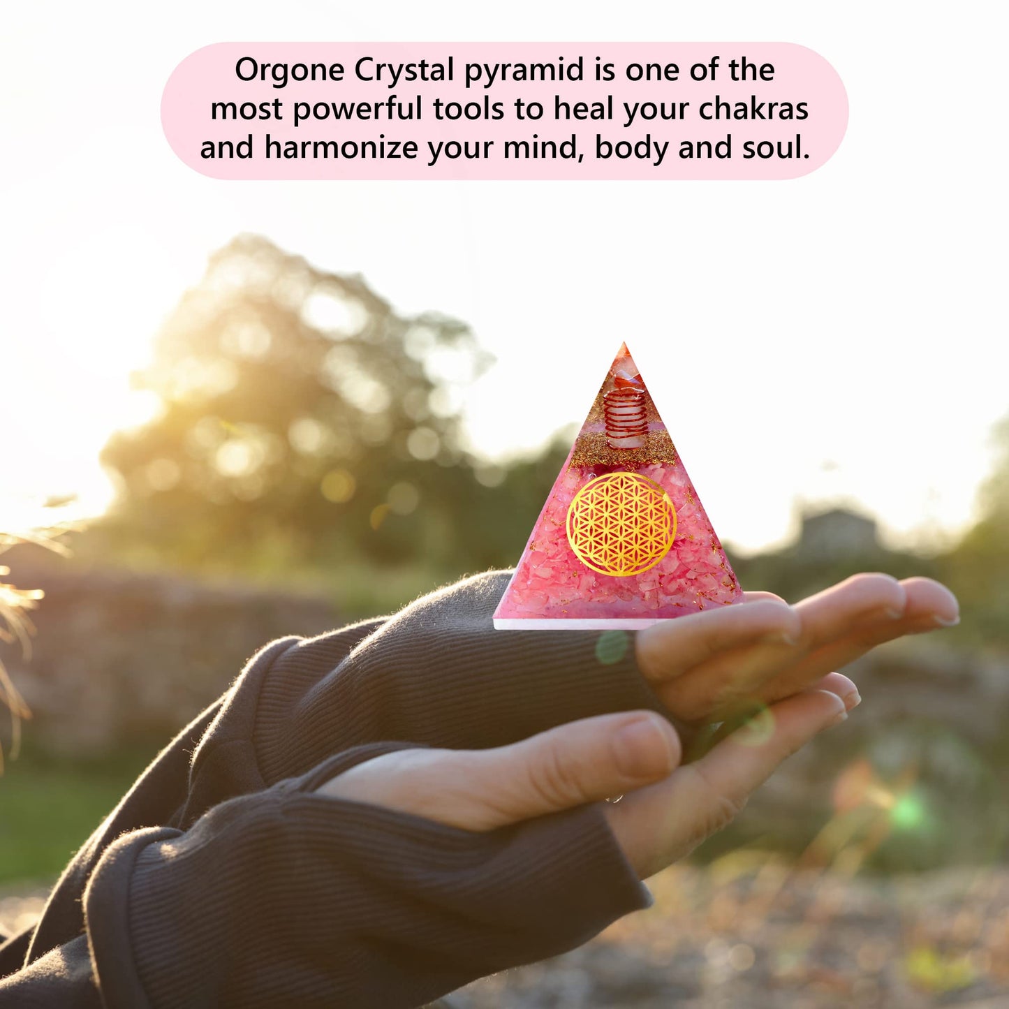 ANAYA AGATE Rose Quartz Orgone Pyramid – Handmade Orgonite Pyramid with Flower of Life – Rose Quartz Crystal Pyramid for Love, Relationship, Chakra Balance – Meditation Pyramid for Yoga, Reiki