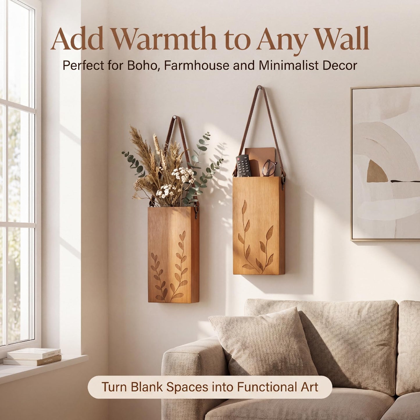 Set of 2 Bamboo Wall Planters Indoor Plants Brown Wood Wall Vase with Durable Leather Handle Boho Wall Decor Living Room Hanging Propagation Stations for Dried Flowers Paintbrushes