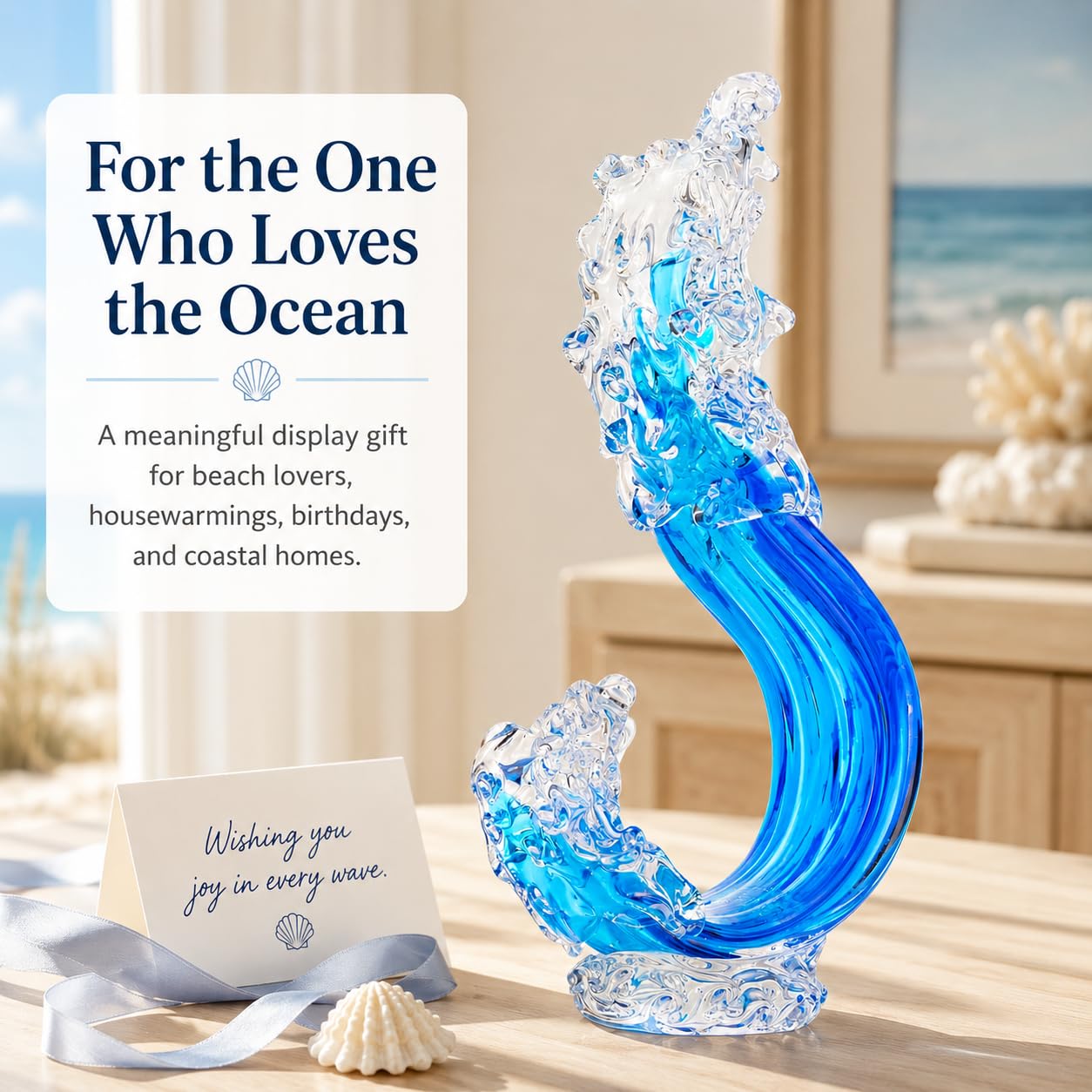 Blue Hand Blown Glass Ocean Wave Statue,Fused Sea Glass Art Decor,Abstract Wave Sculpture Ornament,Coastal Nautical Themed,Beach House Decor,Coffee Table,TV Stand,Bookshelf,Entryway,Office,Counter