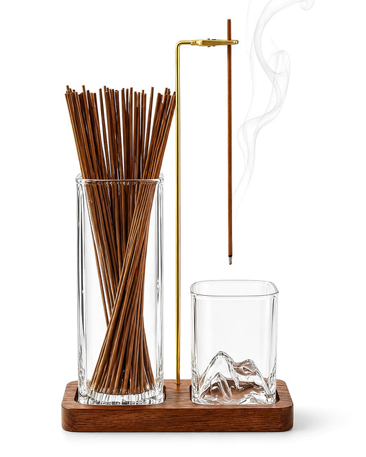 Incense Holder for Sticks, 2 in 1 Glass Incense Burner with Storage, Solid Sapele Wood Base, Removable Mountain Ash Catcher, Vertical Windproof Stand for Outdoor, Meditation (Dark Walnut)