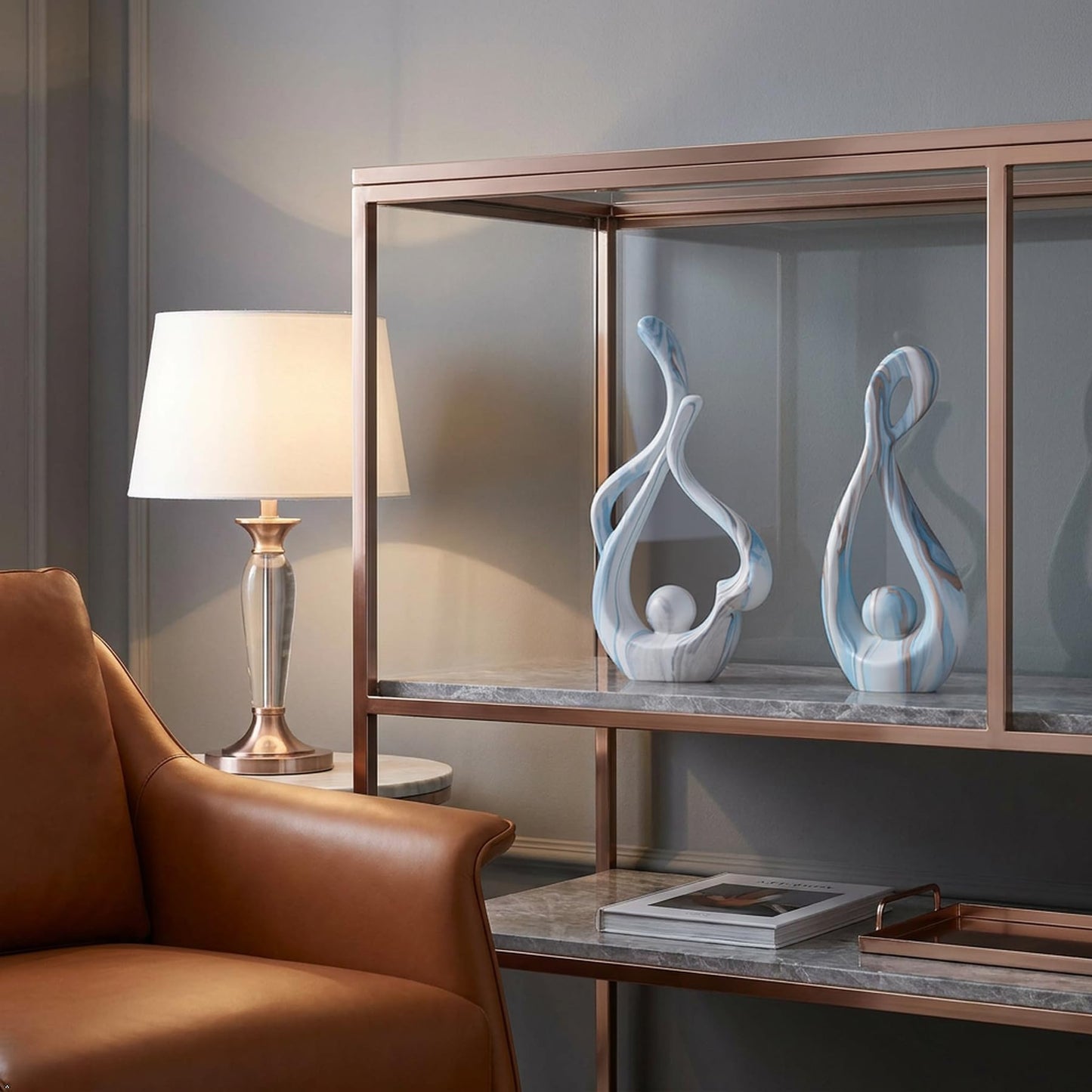 TZIZO Blue Marble Abstract Sculptures Set of 2, Coffee Table Centerpiece