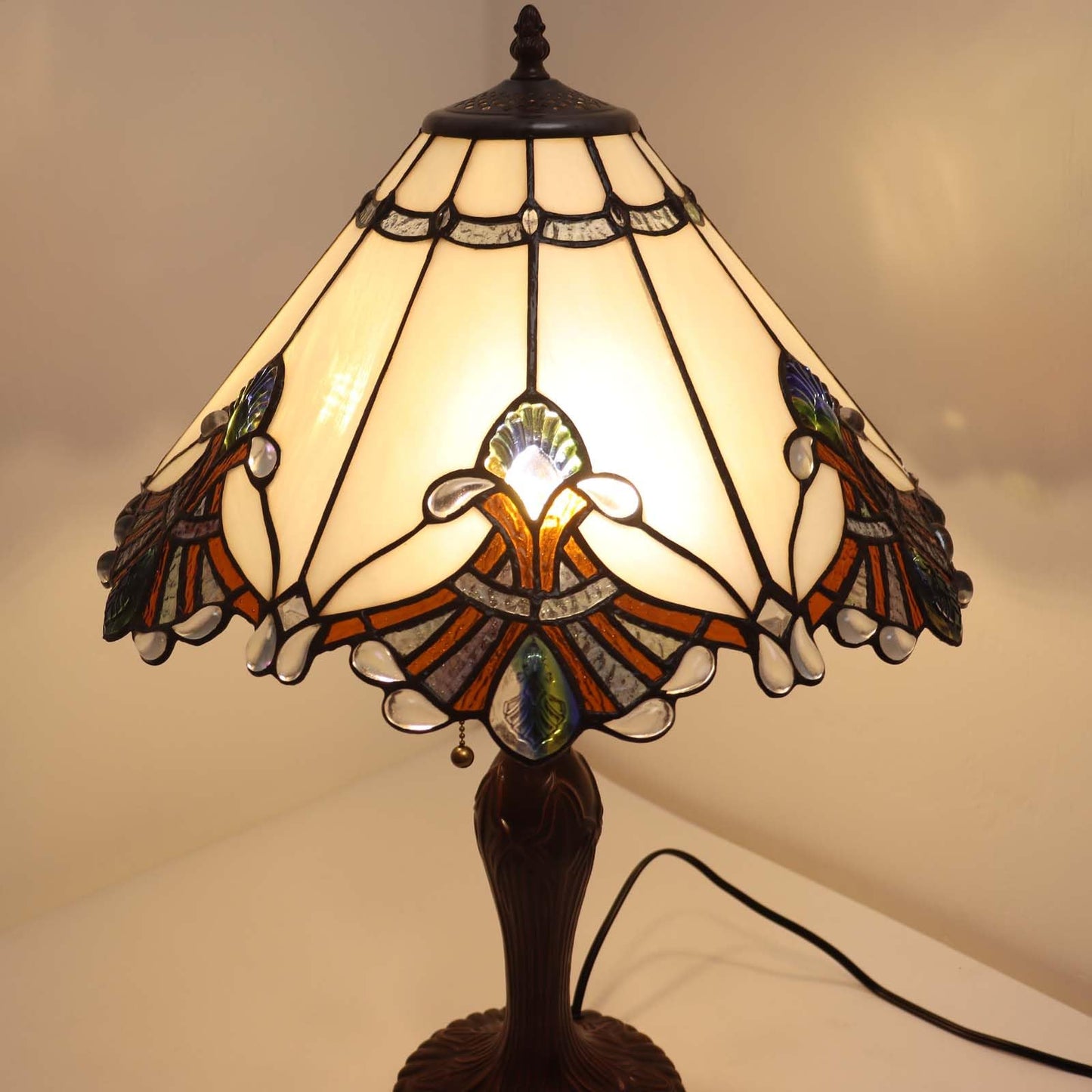Bieye L10025 Baroque Tiffany Style Stained Glass Table Lamp with 17 inches Wide Handmade Lampshade for Bedside Bedroom Living Room, 26-inch Tall (White)