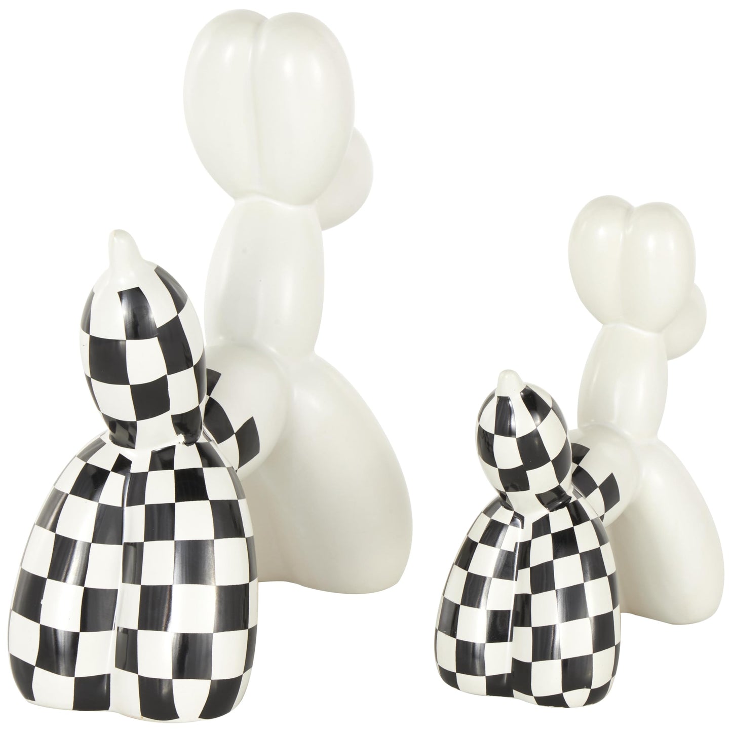 Deco 79 Ceramic Dog Decorative Sculpture Balloon Home Decor Statues with Checkered Accents, Set of 2 Accent Figurines 9", 7"H, White