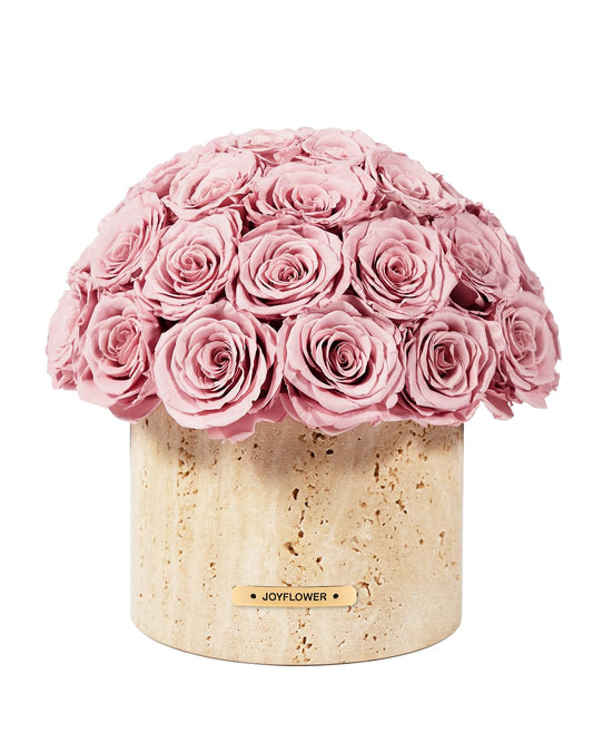 JoyFlower Preserved Flowers Vase, Yellow Travertine Vase with Forever Flowers Decor for Table Centerpieces, Pink Eternal Flower Vase Decorations for Party Home Living Room Bedroom House Coffee Shop