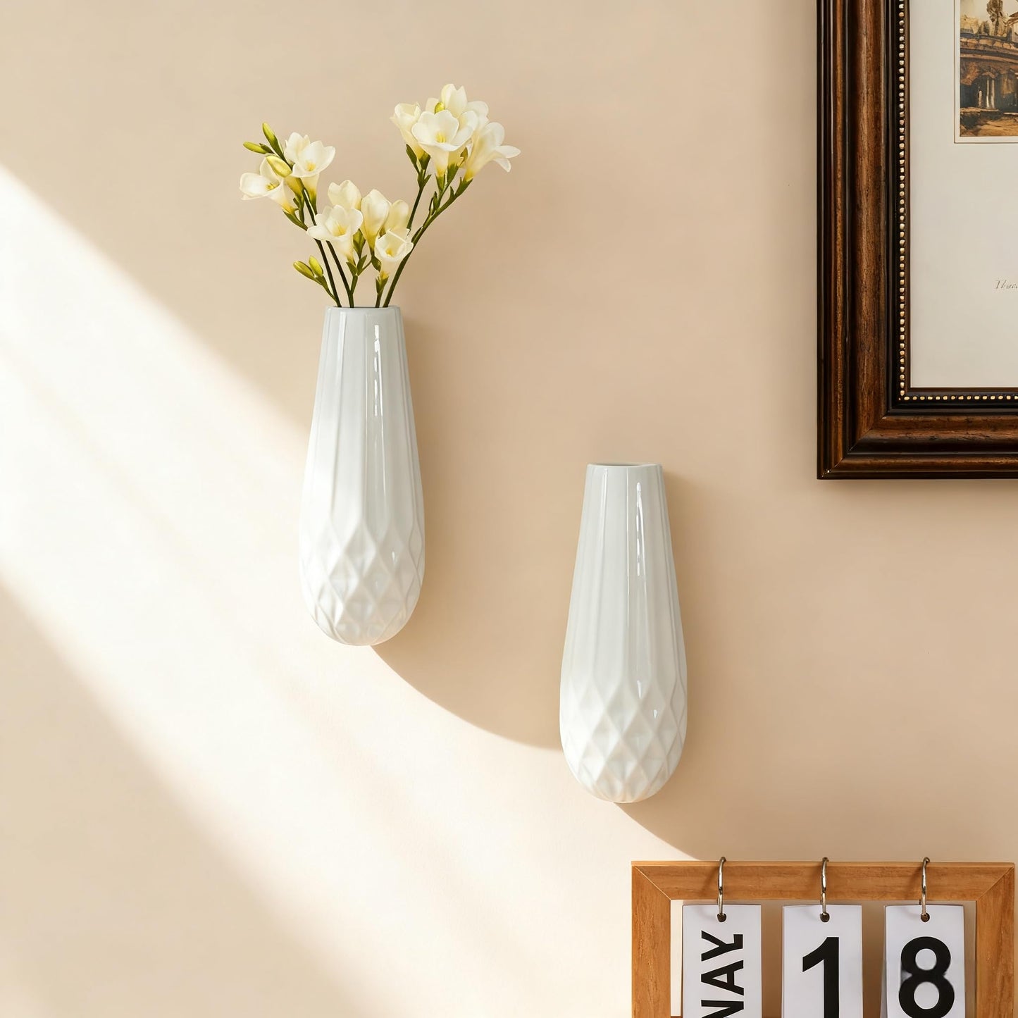 DOCFLVAS Wall Ceramic Vase — 2 Pack Textured Matte White Hanging Vase | Modern Minimalist Ceramic Wall-Mounted Vase for Single Stems & Dried Flowers