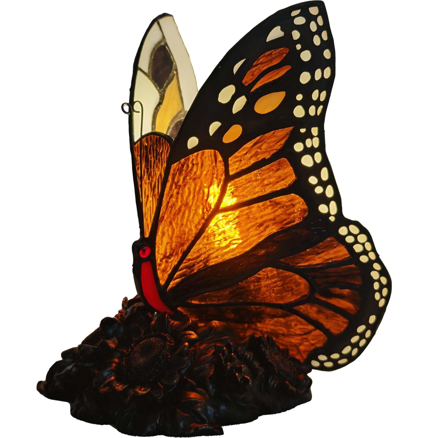 Bieye L13023 Monarch Butterfly on Sunflower Tiffany Style Accent Table Lamp for Home Decor (Amber)