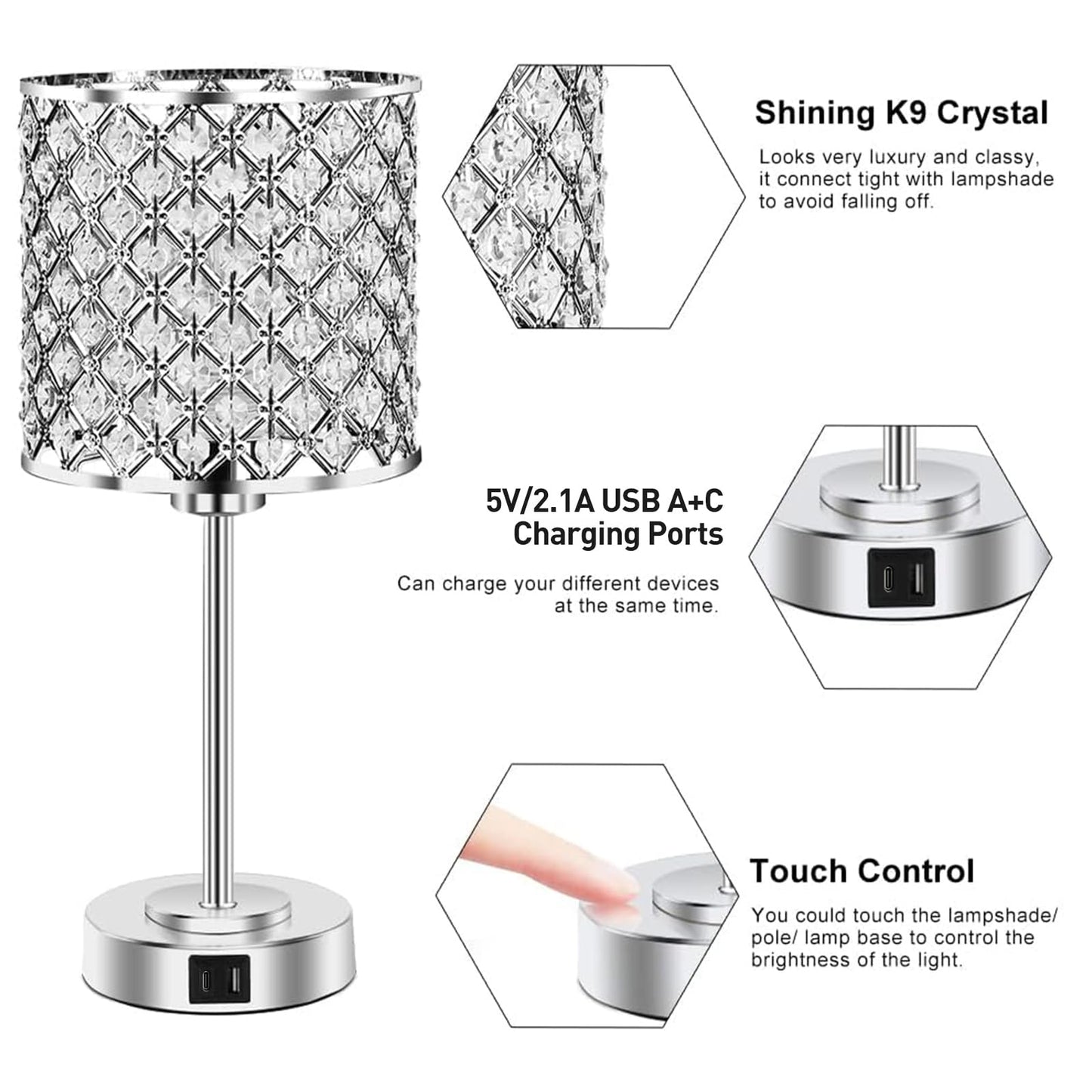 GyroVu Crystal Table Lamp for Bedroom Living Room, Touch Control Bedside Lamp with USB C+A Ports - Dimmable Nightstand Lamp Modern Light, Bulb Included