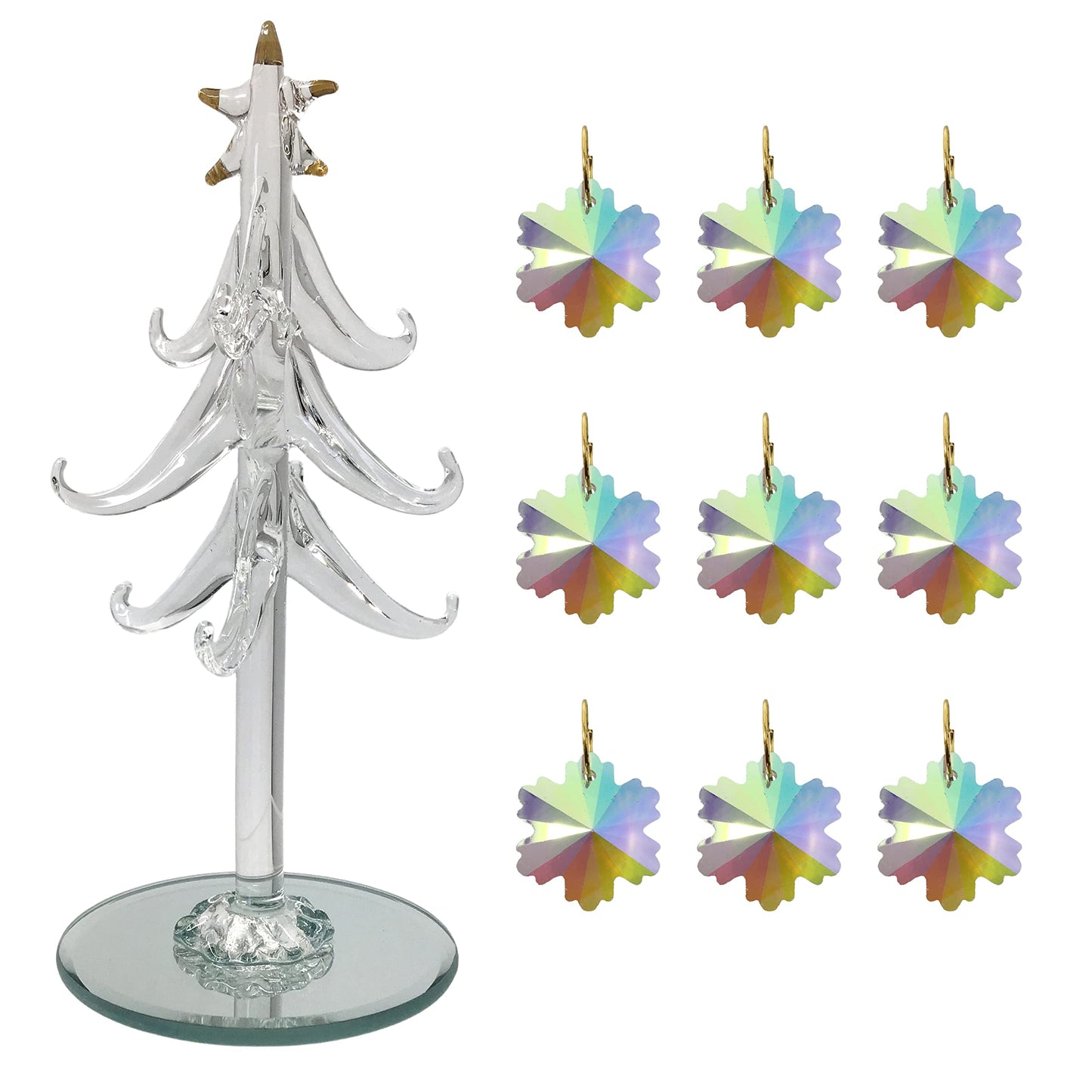 Tabletop Christmas Tree - Spun Glass with Gold Trimmed Star - Includes 9 Iridescent Crystal Snowflake Ornaments - Mirrored Base is 2 3/4" D - Tree is 6" H