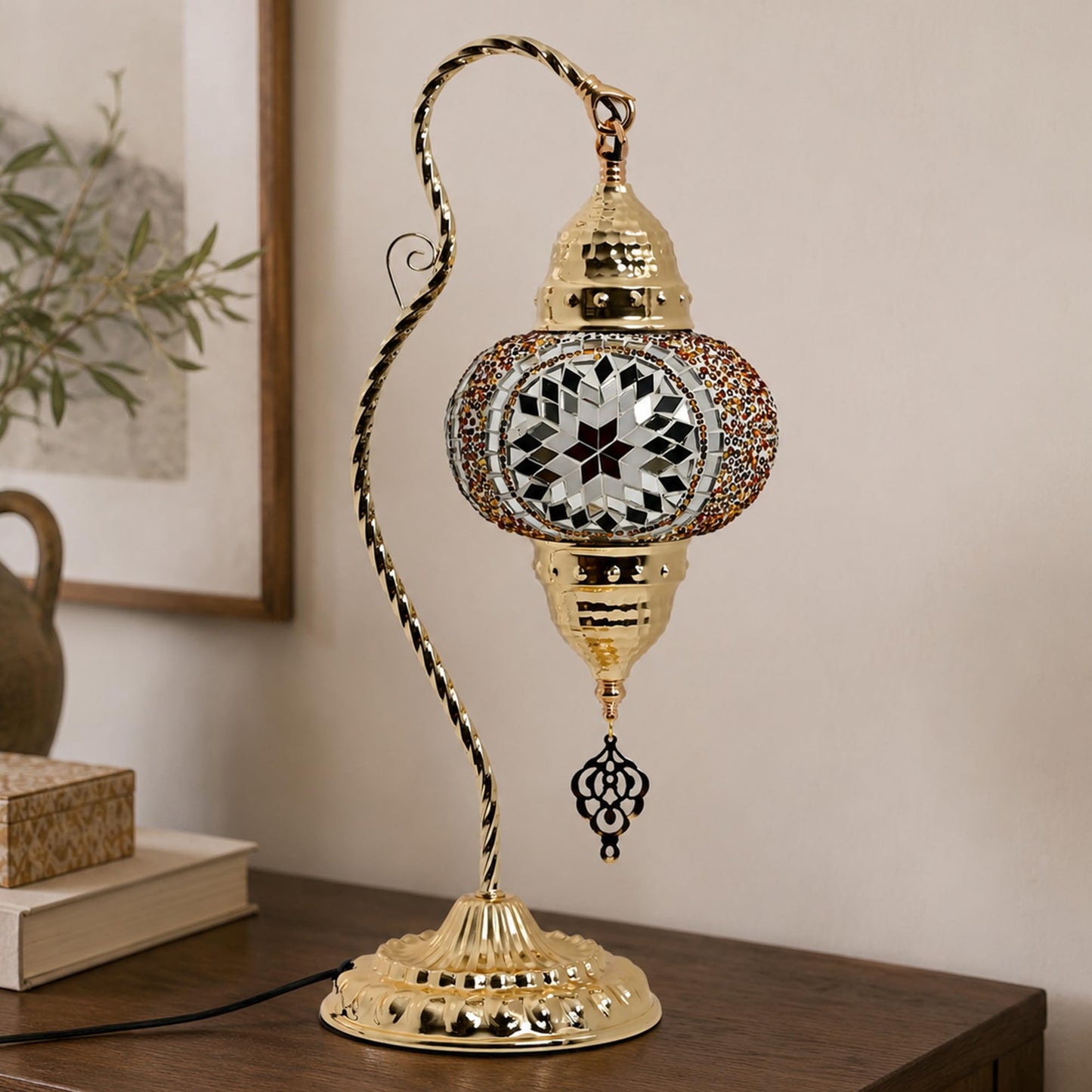 GOGERS Turkish Mosaic Table Lamp, Moroccan Style Swan Neck Bedside Lamp with Handmade Glass Shade, LED Bulb Included, Warm Ambient Decorative Accent Lamp for Bedroom, Living Room, Nightstand (Brown)