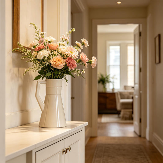 BosilunLife White Ceramic Vase with Handle, 7.87 Inch Tall Decorative Flower Vase for Bouquets, Glazed Farmhouse Vase for Living Room, Dining Table, Entryway and Shelf Decor