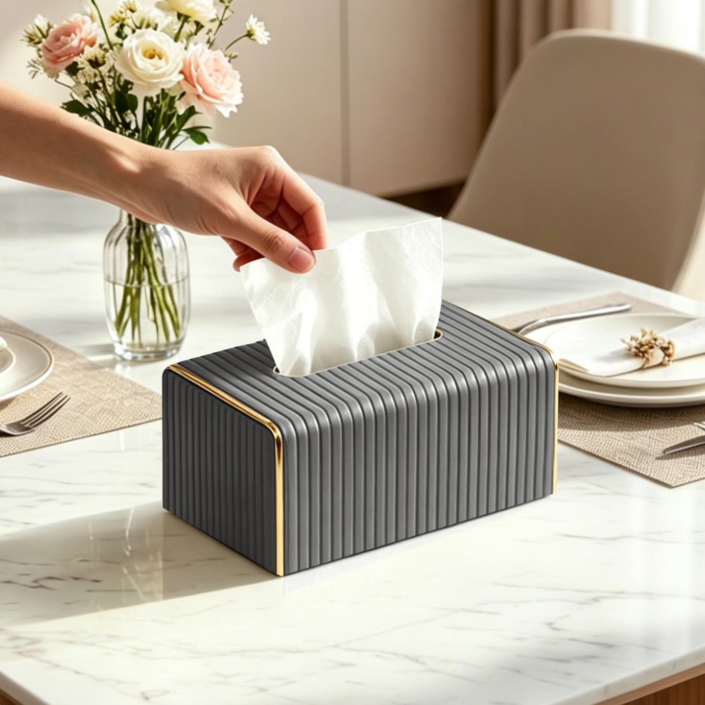 Fanousy Grey Tissue Box Holder Rectangle,Tissues Cover with Gold Trim