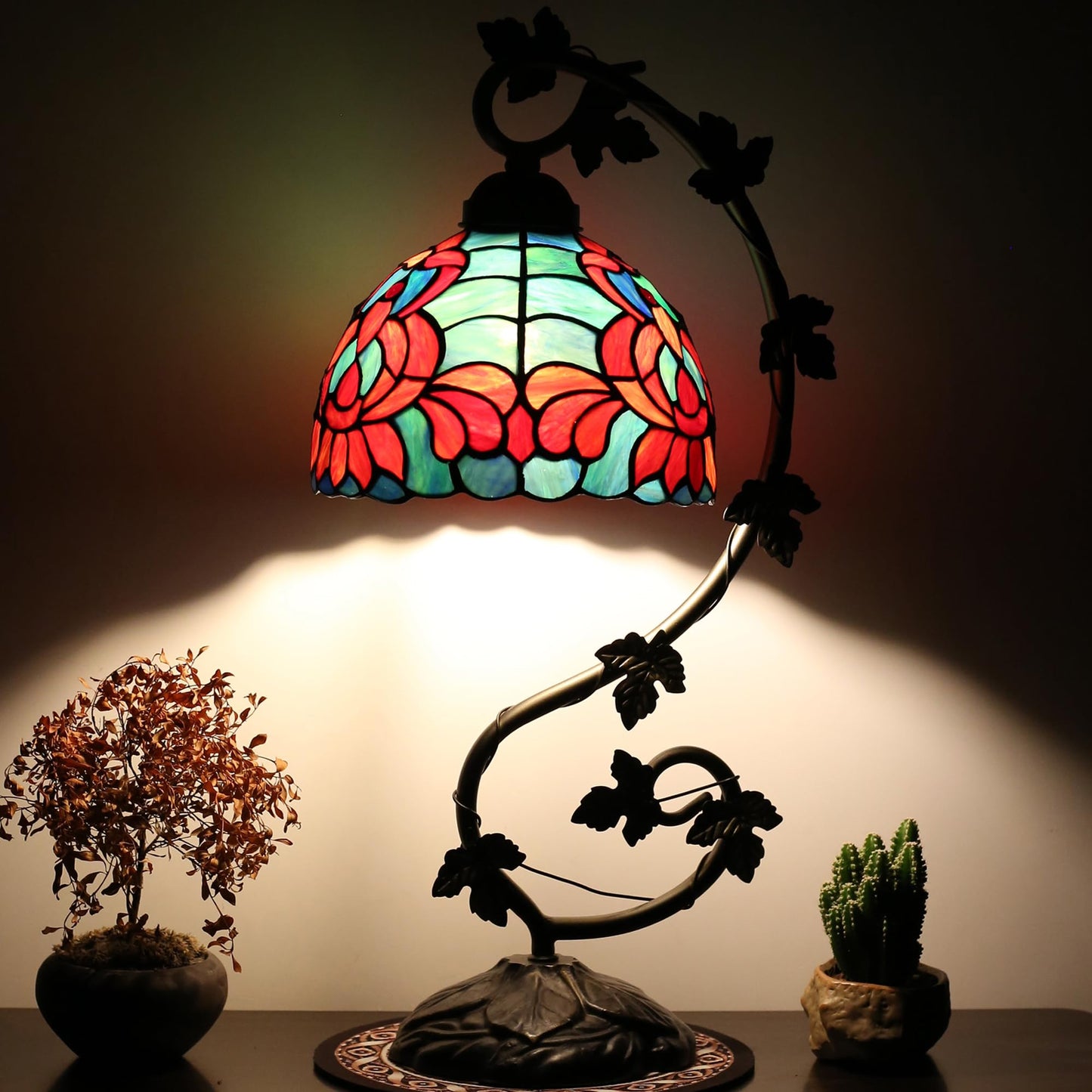ZYLINX Small Tiffany Lamp Stained Glass Desk Reading Light Red Lotus Style