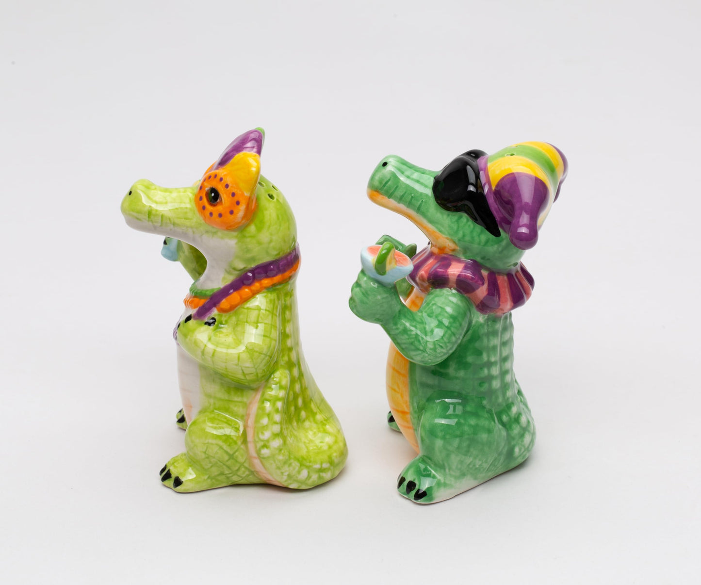 Fine Ceramic Mardi Gras Fat Tuesday Masked Crocodille Allegator Salt & Pepper Shakers Set, 3-7/8" H