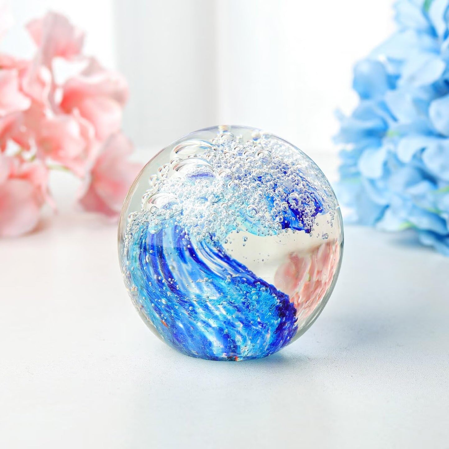 FZBHRO Decorative Crystal Ball Figurines Ocean Waves Paperweight Blown Glass Decor Sea Art Ocean Lovers Gift Blue 3.15"