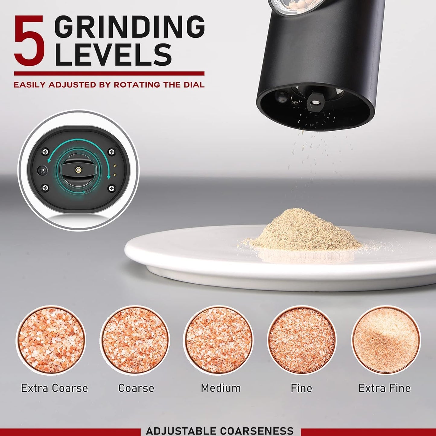 Electric Salt and Pepper Grinder Set with Dual Rechargeable Base, Automatic Salt and Pepper Shakers with LED Light, One-Handed Operation Adjustable Coarseness Pepper Mill, Gifts for Mom