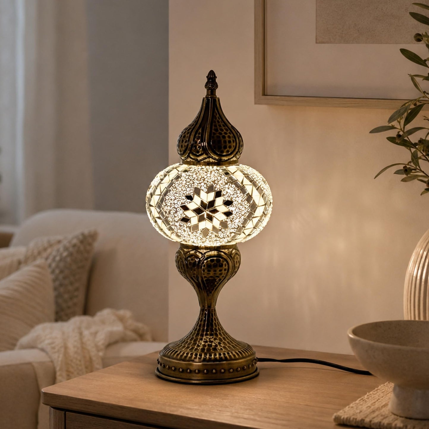 GOGERS Decorative Mosaic Bedside Lamp, Turkish Moroccan Style Table Lamp with White Silver Glass Shade, E12 LED Bulb Included, Warm Ambient Lamp for Nightstand, Bedroom, Living Room (White)