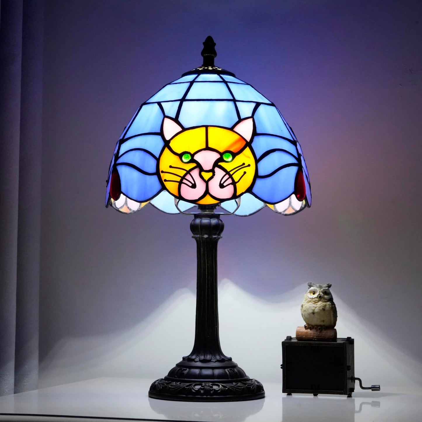 Orange Cat Lamp Tiffany Lamp Blue Stained Glass Table Lamp Cute Small Bedside Nightstand Desk Lamp Warm Light Bedroom Office Living Room Kitchen for Cat Lovers Gift Halloween Christmas Kids Decor LED