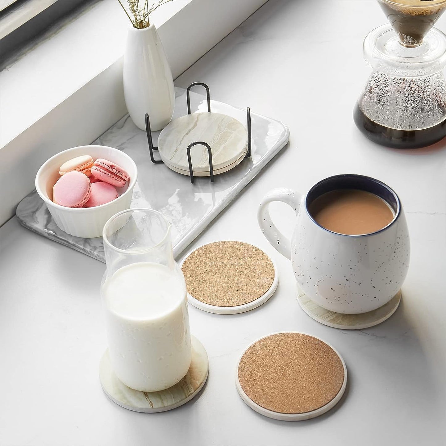 LIFVER Coasters Set of 6, Coasters for Drinks Absorbent Stone with Holder, Black Marble Style Ceramic Drink Coaster for Tabletop Protection, Coffee Table Decor Ideal for Home Decor House Warming Gifts