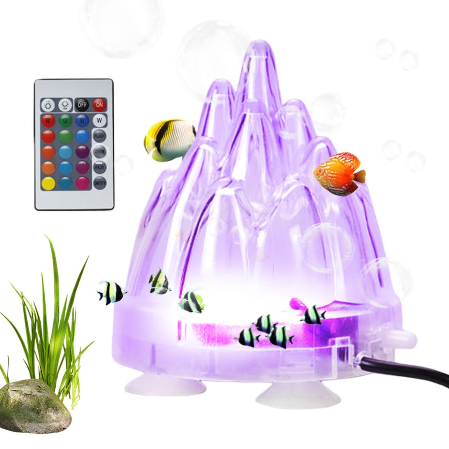 Aquarium Volcano Decoration - LED Light Sculpture, Bubble Rock Air Stone Design | Volcanic Style Tank Ornament For Oxygen Effect Fish Environment, Decorative Piece For Saltwater Freshwater Turtle Bowl