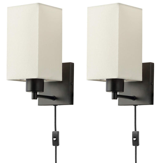 KOONTING® Plug in Wall Sconce Set of 2, Rustic Wall Lamp with Plug-in Cord and On/Off Toggle Switch, Beige Fabric Shade Wall Light Fixture for Headboard Bedroom Living Room Hallway