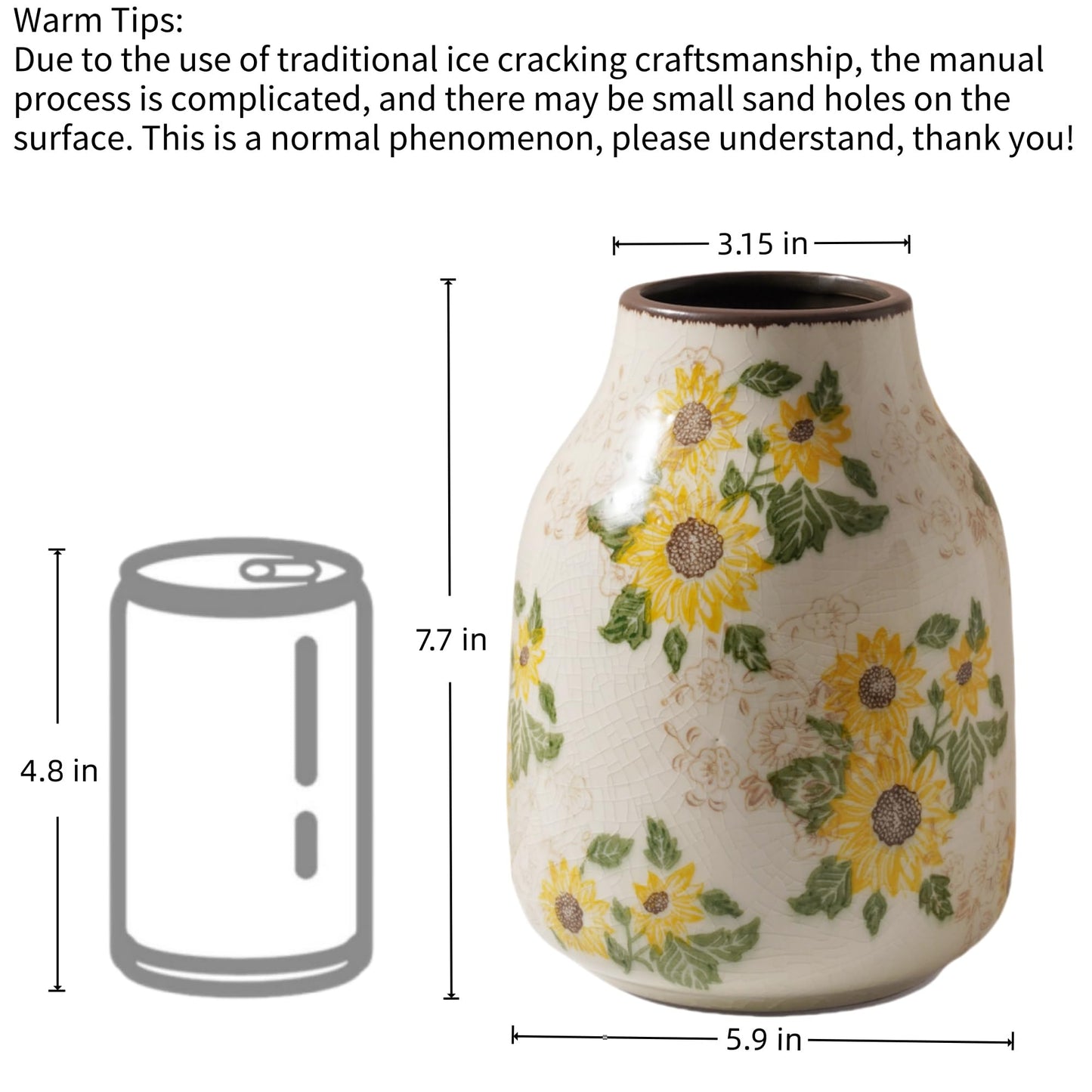 Loaesa Yellow Sunflower Floral Ceramic Vase, 7.7 Inch Chinoiserie Modern Aesthetic Rustic Vases for Tuscan French Country Kitchen Bedroom Entryway Coffee Table Home Decor