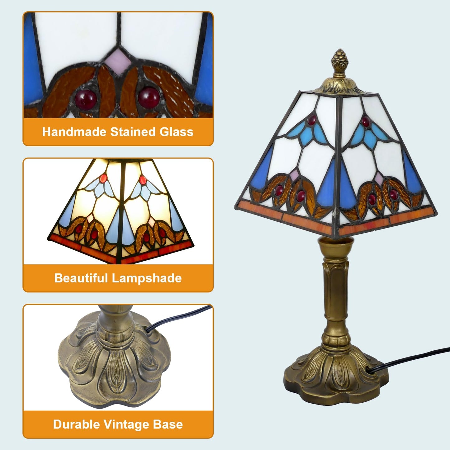 VirtueKing Tiffany Lamp 6" Wide Small Square Baroque Style Stained Glass Table Lamp Desk Reading Light, Bedside Table Lamp Decor for Small Space Bedroom Home Office