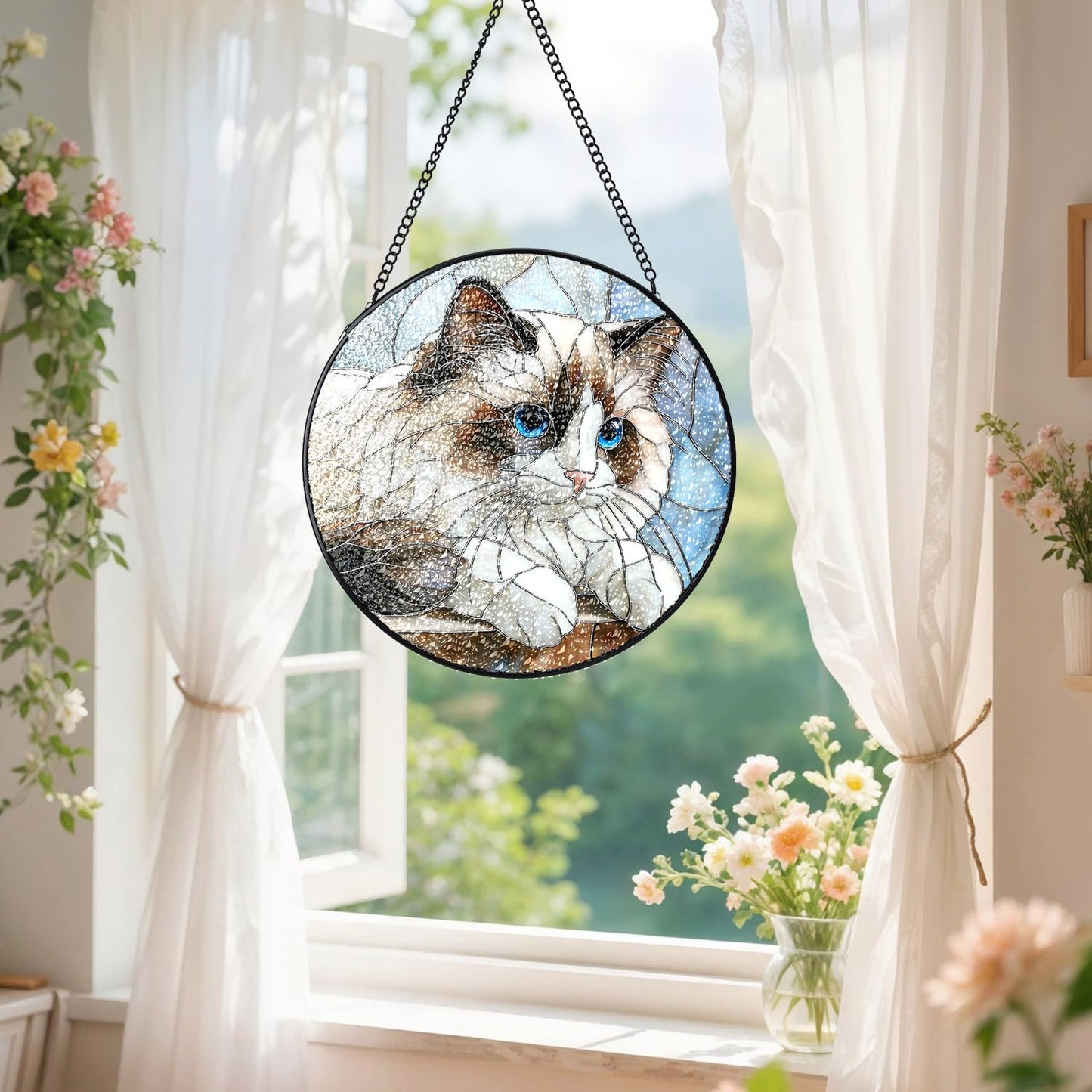 Gifts for Cat Lovers Stained Glass Suncatcher, Cute White Cat Suncatchers for Windows Hanging, Sun Catchers Indoor Wall Art Home Decor, 7.8in*7.8in