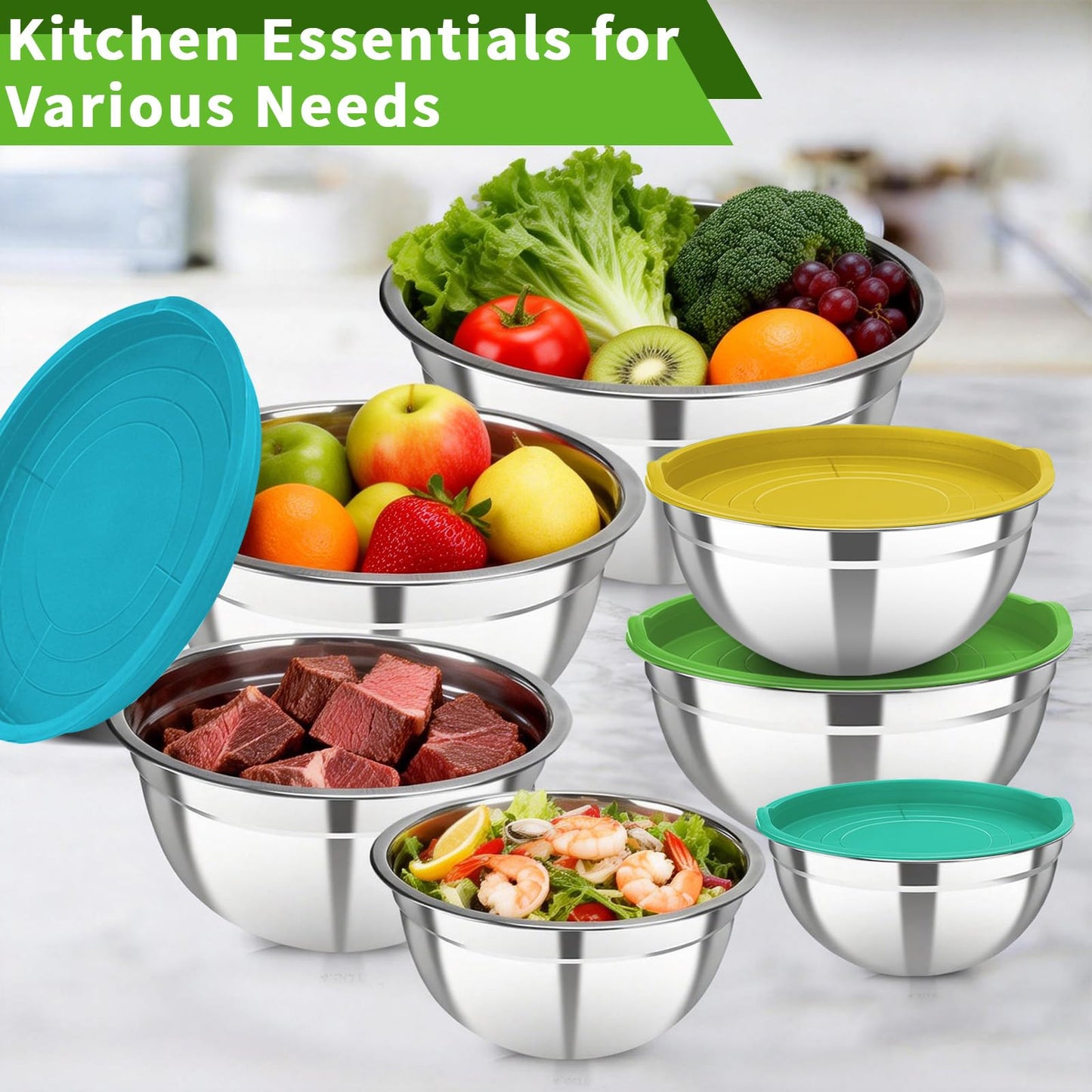 7 Pcs Stainless Steel Mixing Bowls with Colorful Lids Set Metal Salad Bowls