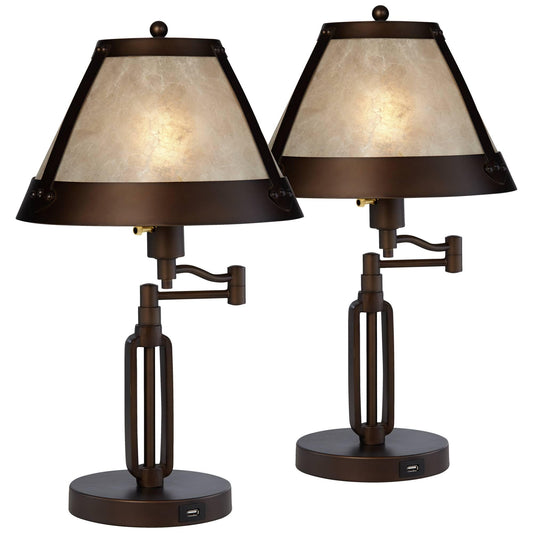 Franklin Iron Works Samuel Rustic Industrial Desk Table Lamps with USB Charging Port 21 1/4" High Set of 2 Bronze Swing Arm Mica Shade for Bedroom Living Nightstand Bedside Office Kids Room House