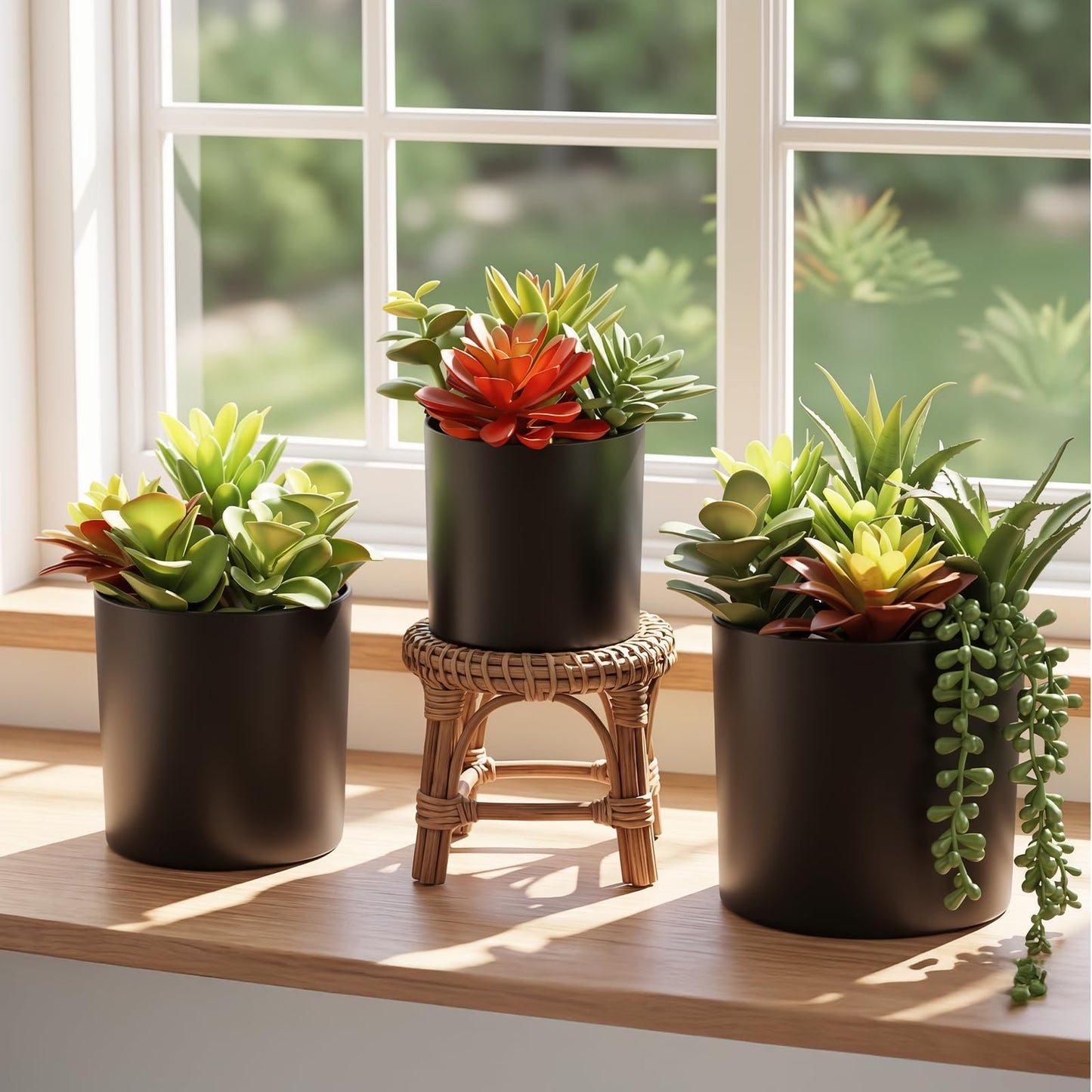 LeafVerse Artificial Succulents 3 Pack - UV Resistant Faux Plants with Pots for Indoor Outdoor Decor - Lifelike Small Fake Potted Plants for Home Office Desk Bathroom Bedroom Shelf Aesthetic