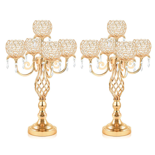 Kehail 5-Arm Crystal Candelabra Centerpiece 23.2" Tall - Elegant Candle Holder Stand with Crystal Bowl, Chic Table Decor for Weddings, Parties, Anniversary & Home Decoration (2, Gold)
