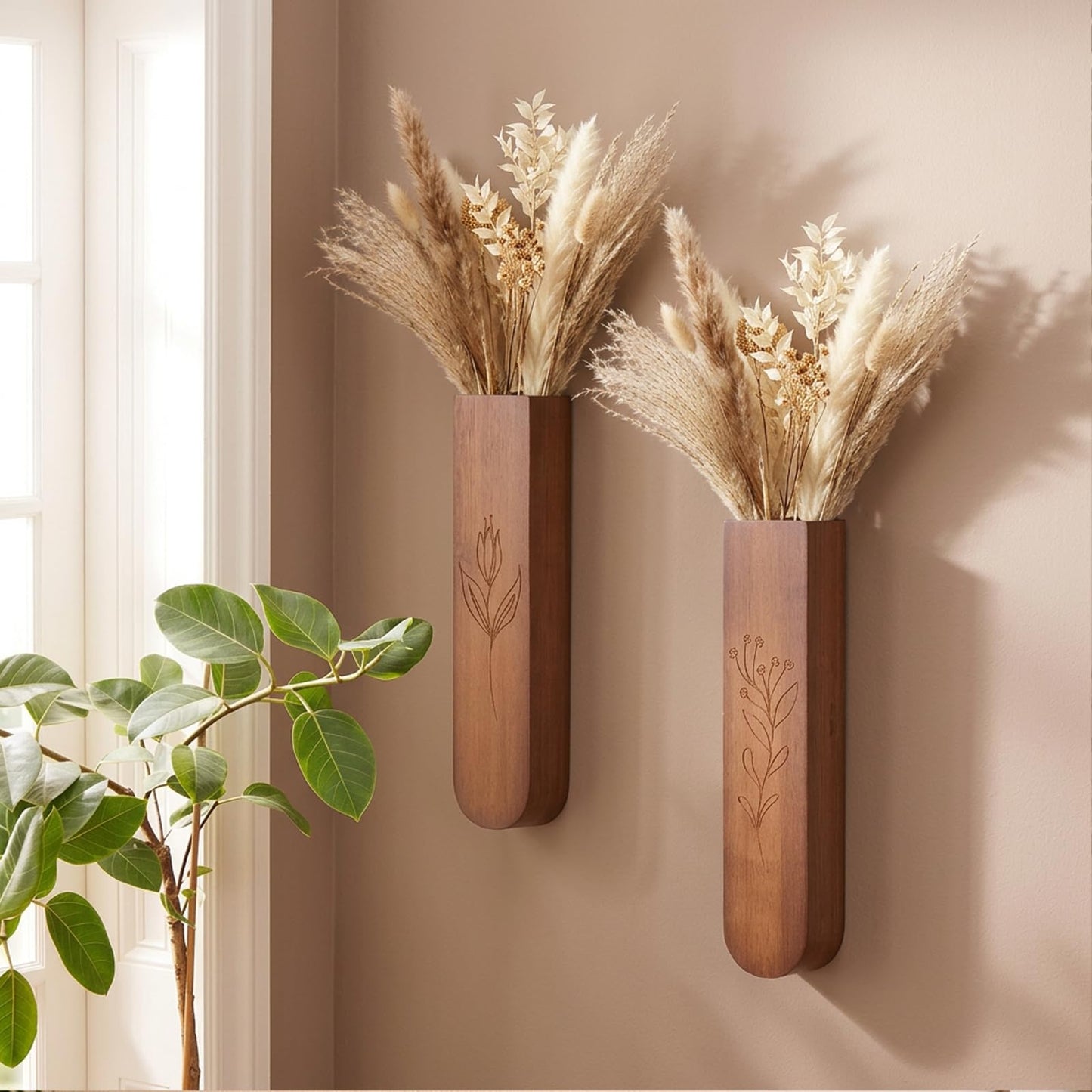 Wood Wall Vase Set of 2, 11.6 x 2.52 x 1.37 inch for Dried Flowers and Faux Greenery Plants for Bathroom,Kitchen,Farmhouse,Dining Room Wall Decor （Brown