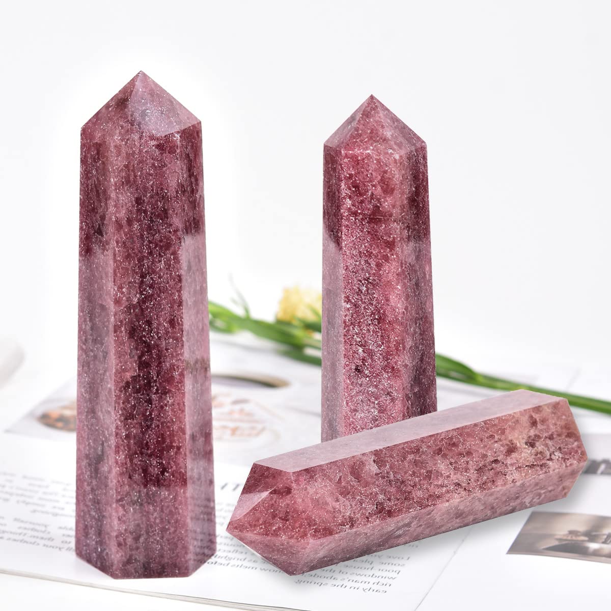 MOGEMT Large Strawberry Quartz Crystal Tower Natural Healing Crystal Point Wand Obelisk 6 Faceted Reiki Chakra Meditation Therapy Home Decor Gift 1.5-2 LBS