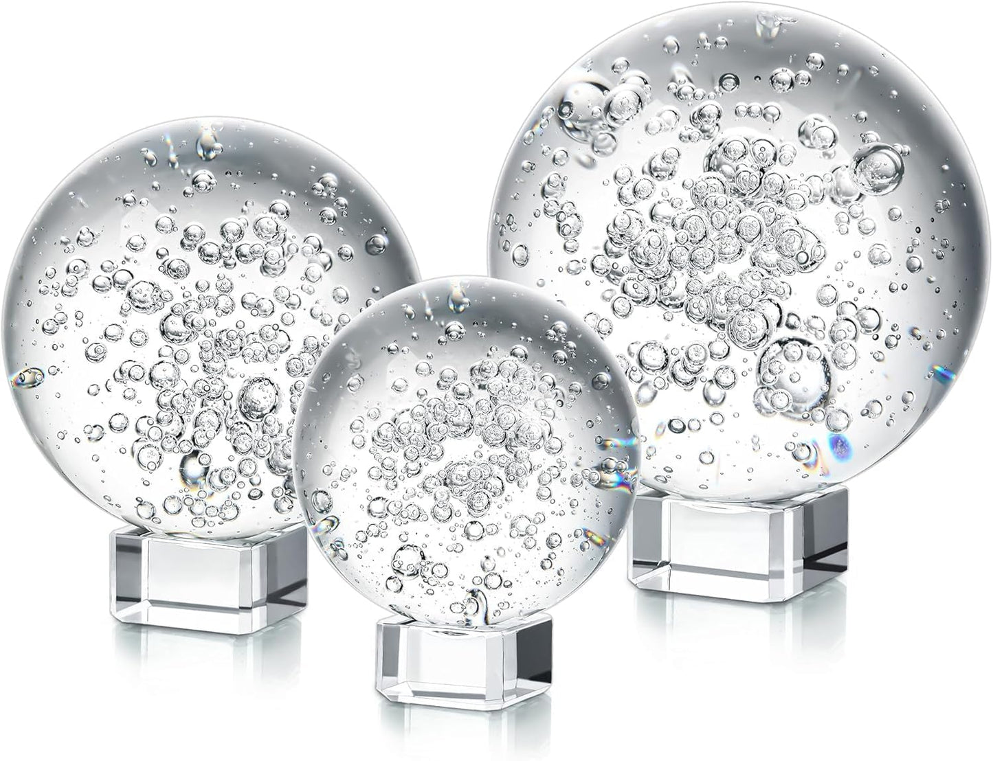 Crystal Ball Set of 3 K9 Bubble Glass Decorative Spheres with Stands