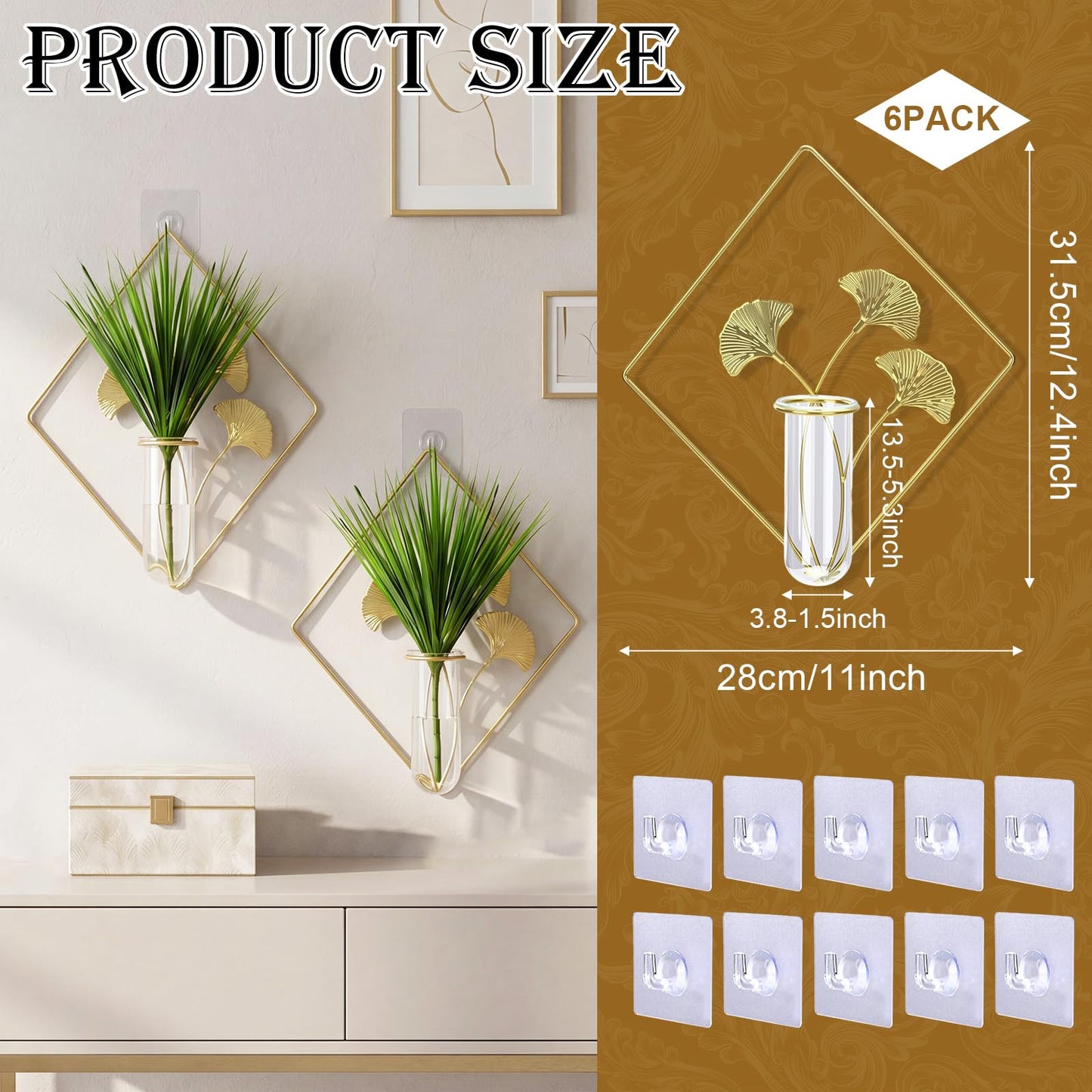 Romooa 6 Pieces Gold Wall Decor Hanging Planters for Hydroponics Plant, Metal Vase Indoor Plants Holder Modern Geometric Wall Art for Home Bathroom Bedroom Living Room Office(Plants Not Included)