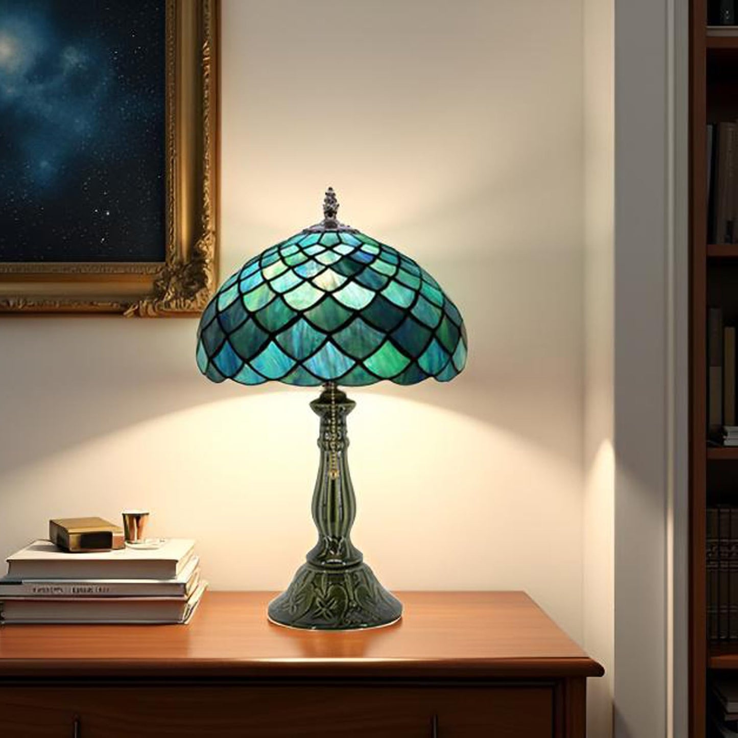 MQYXH Tiffany Style Stained Glass Table Lamp 18.5 Inch - Blue Fish Scales