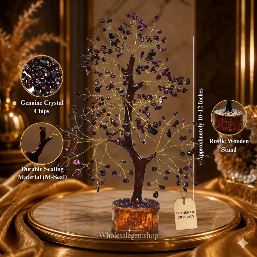GEMSCITE Garnet Gemstone Tree Size 10-12" Handmade Feng Shui Figurine Money Bonsai Good Luck Reiki Healing Crystals - Golden Wire