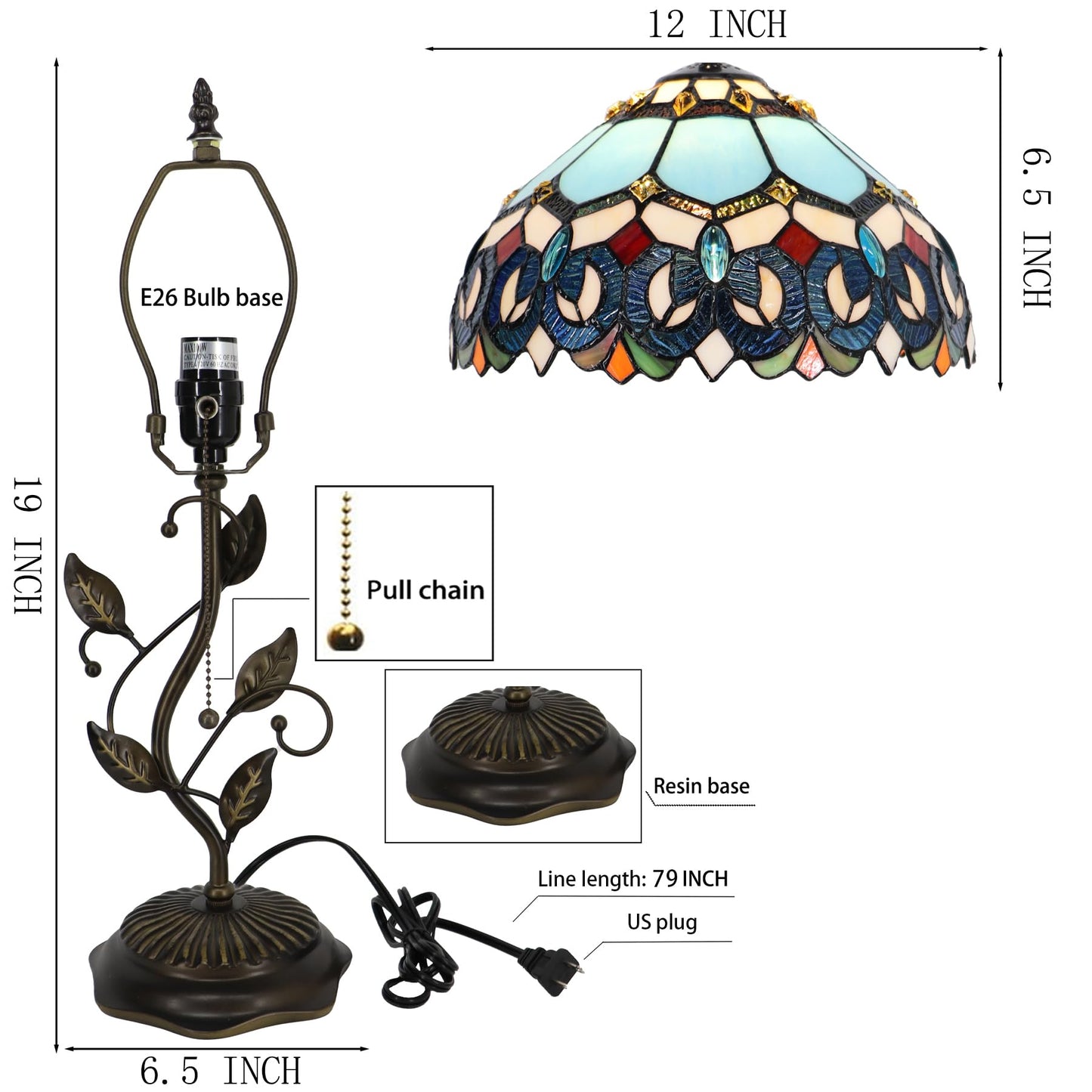 LXHCYOU Tiffany Table Lamp, Stained Glass Desk Light, W12H19 Inch, Metal Leaf Base (Sapphire Style)