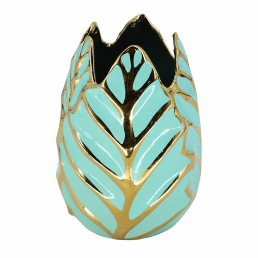 Ceramic Vase – Decorative Flower Holder for Greenery, Table Decor and Shelf Display for Living Room or Office, Leaf Pattern Accent Decorative Home Decor Vase – 6"x 6"x 8", Green and Gold