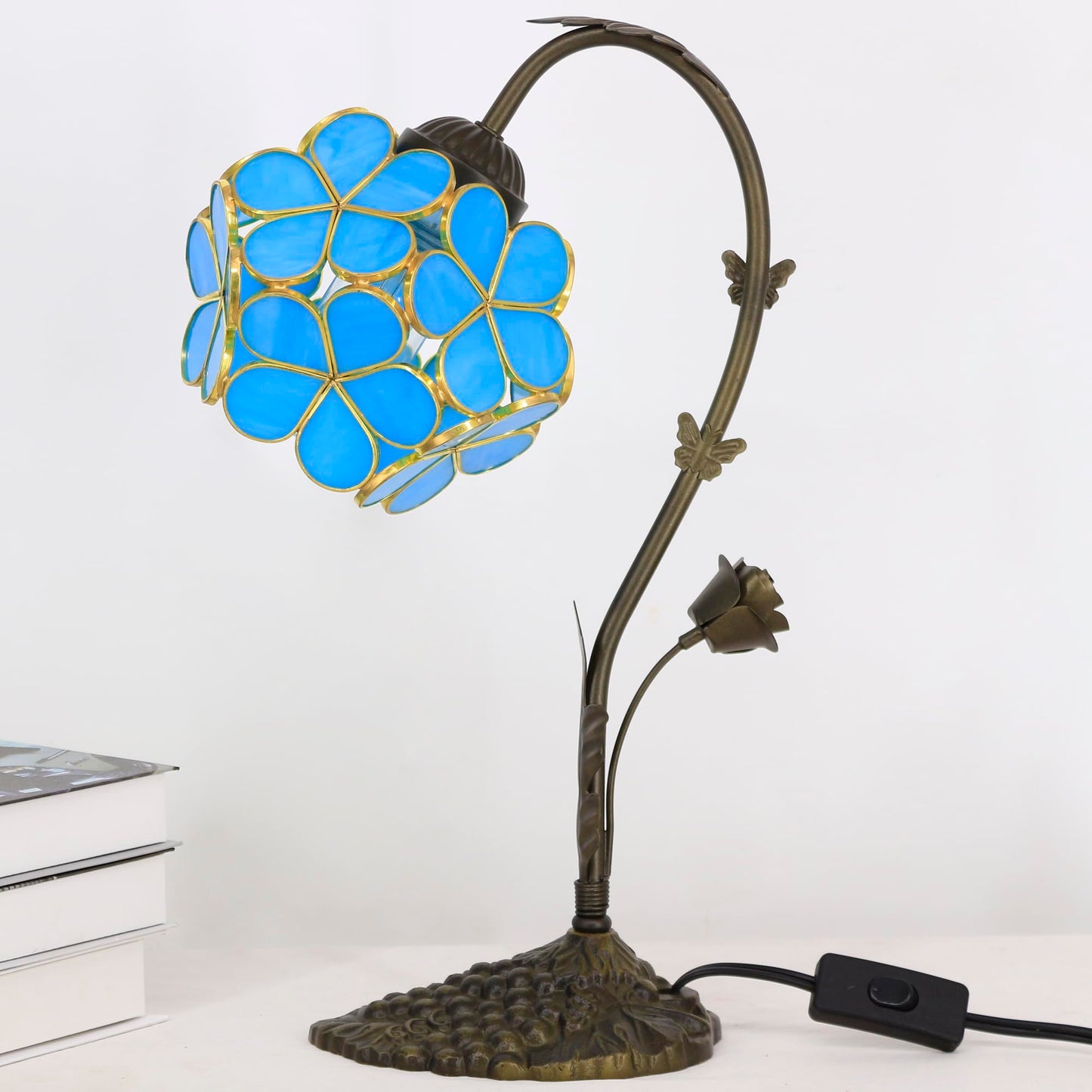 L-Juicwe Tiffany Stained Glass Table Lamp Blue Flower Petal Style 10×6×16 Inches Bedroom Office Reading Light