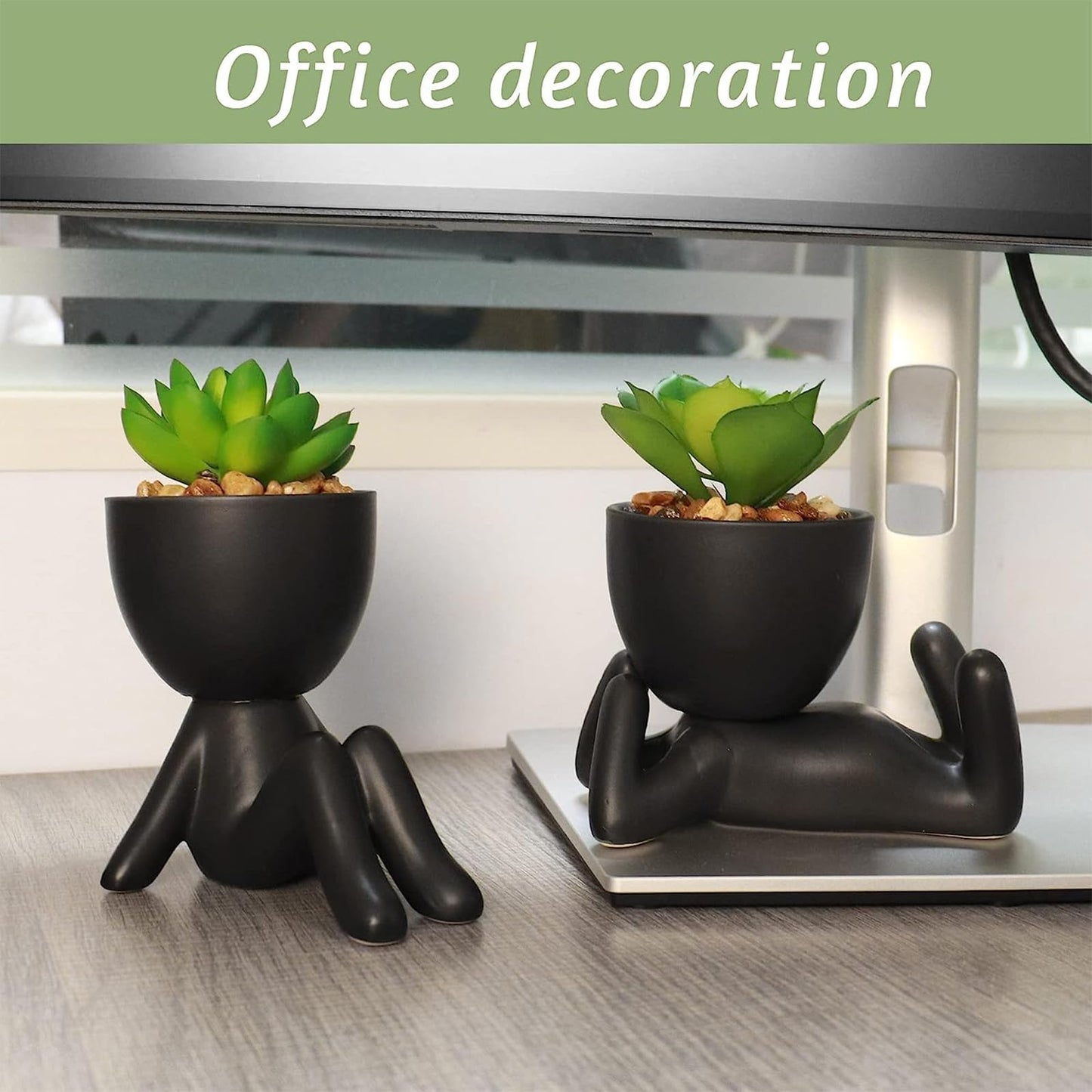 Zerzsy 3pcs Creative Artificial Succulents with Gray Flower Pots Bundle with 2PCS Cute Artificial Succulent Plants with Creative Human Shaped Pots