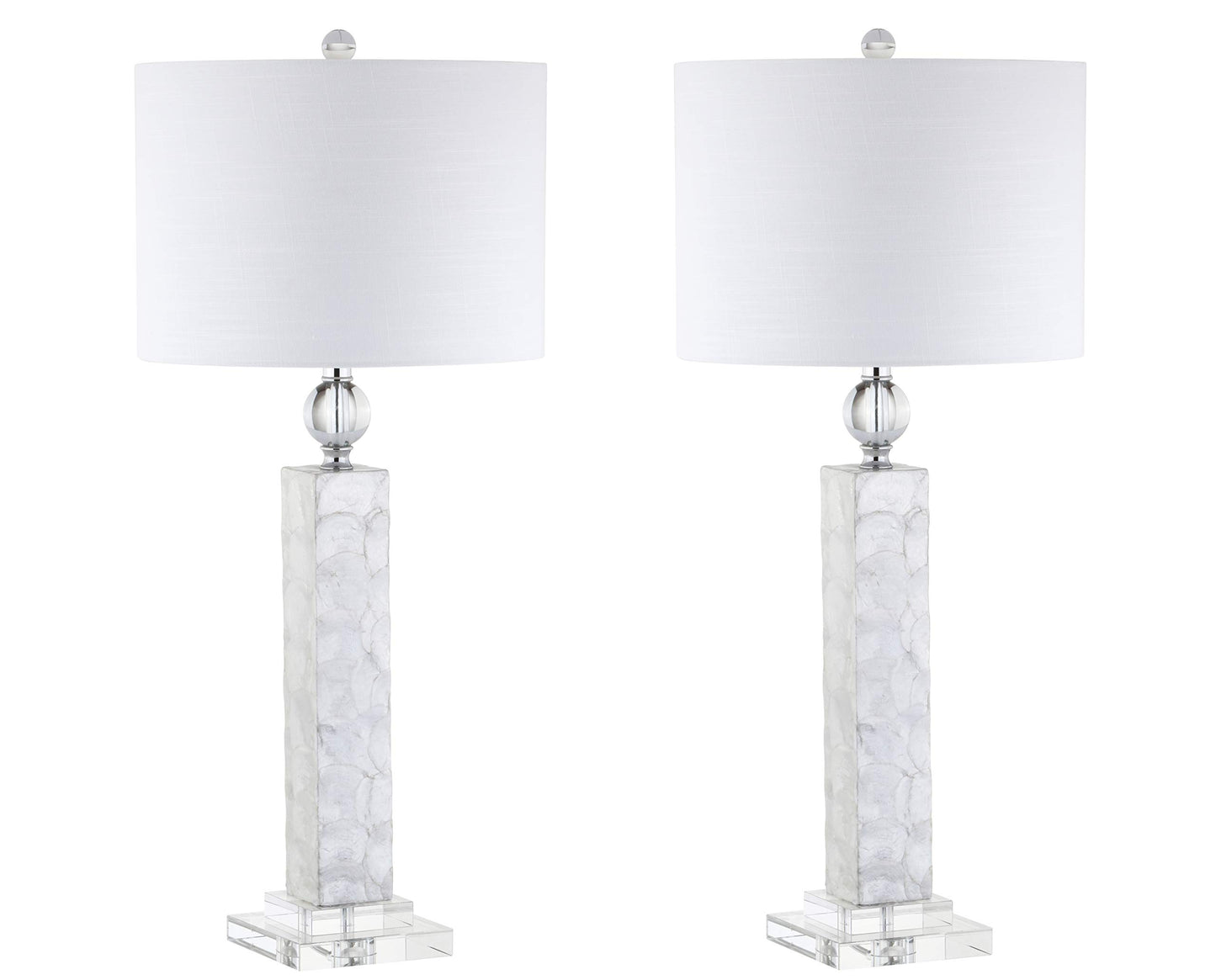 JONATHAN Y 32" White Mother of Pearl and Crystal Table Lamp Set of 2 for Bedroom, Coastal Mosaic Seashell Column Lamps for Living Room, Linen Drum Shade, LED Bulbs Included JYL4006A-SET2